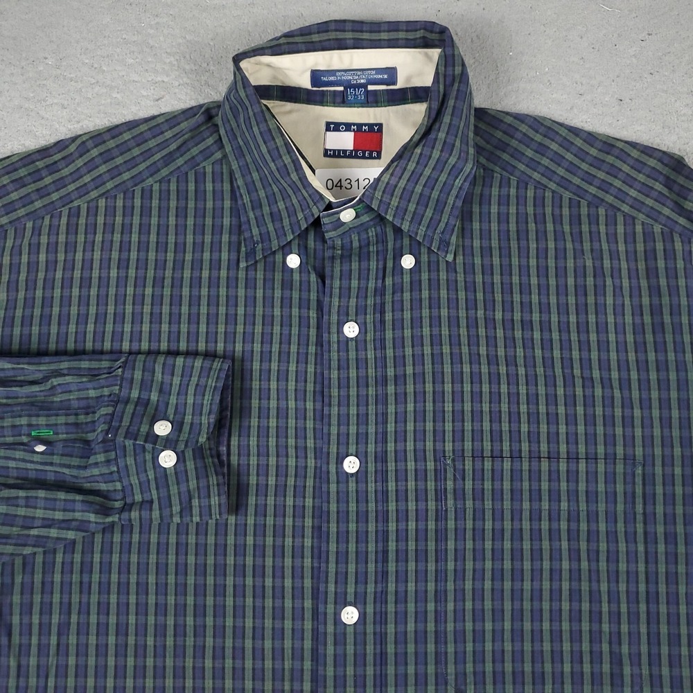 Tommy Hilfiger Shirt Mens 15.5 Green Purple Plaid Dress Button Up Long Sleeve *